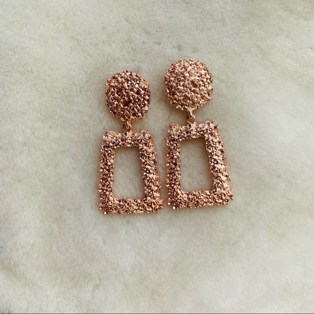 :: Rose Gold Textured Statement Earrings :: - Picture 2 of 7